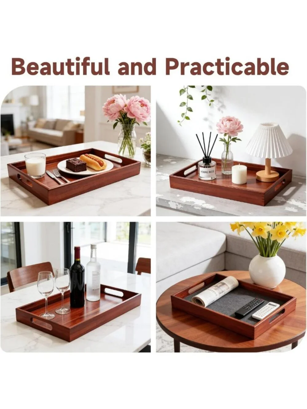 Large Acacia Wood Serving Tray with Handles - 17x12 Inch for Food & Drinks